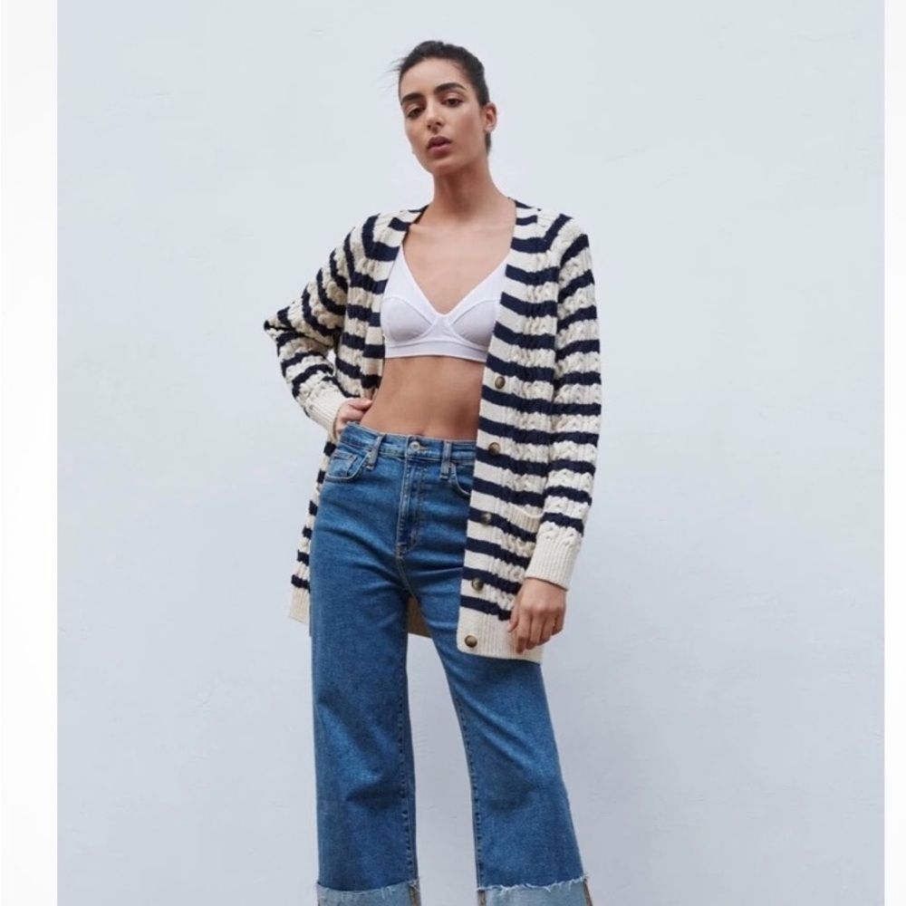 Zara Ecru Navy and White Cardigan